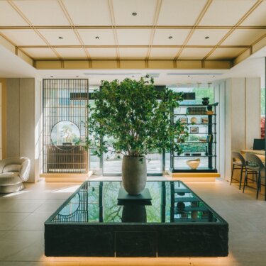 和モダンな店内ロビー、大きな観葉植物と黒い水盤のディスプレイ