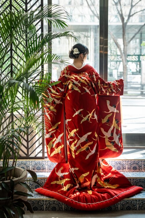 背中いっぱいに金と白の鶴が舞う色打掛の後ろ姿。窓辺のタイルに引き裾を大きく広げた、横浜のスタジオでの和装前撮り