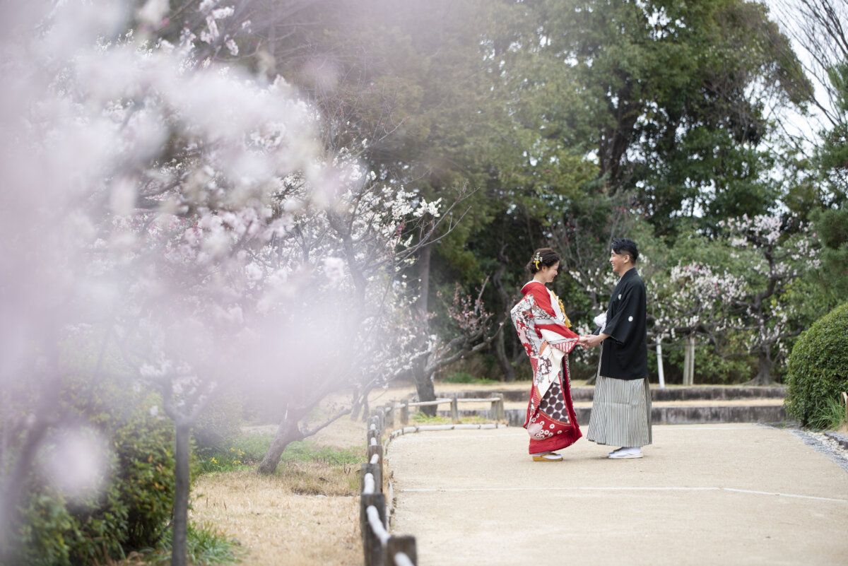 春の日差しが降りそそぐ公園の小道で、手を取り合って見つめ合う赤い色打掛の花嫁と紋付袴の新郎。和装前撮りのロケーションフォト