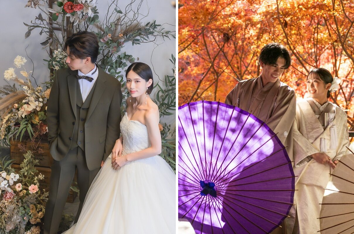 ドライフラワーに囲まれたスタジオで寄り添うウェディングドレスの花嫁と新郎、紅葉の下で和傘を持つ和装の新郎新婦。スタジオ洋装と紅葉ロケーション和装の前撮り