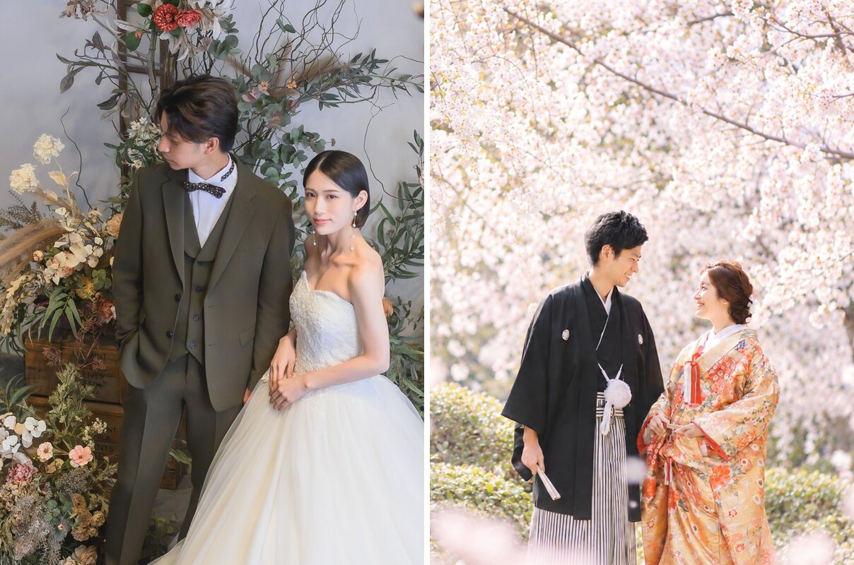 ドライフラワーに囲まれたスタジオで寄り添うウェディングドレスの花嫁と新郎、満開の桜の下で見つめ合う紋付袴の新郎と色打掛の花嫁。スタジオ洋装と桜ロケーション和装の前撮り
