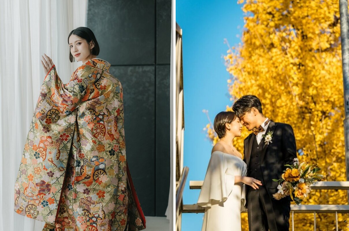 スタジオの窓辺で色打掛の袖を広げる花嫁と、黄色く色づいたイチョウを背に寄り添う洋装の新郎新婦。スタジオ和装と紅葉ロケーション洋装の前撮り