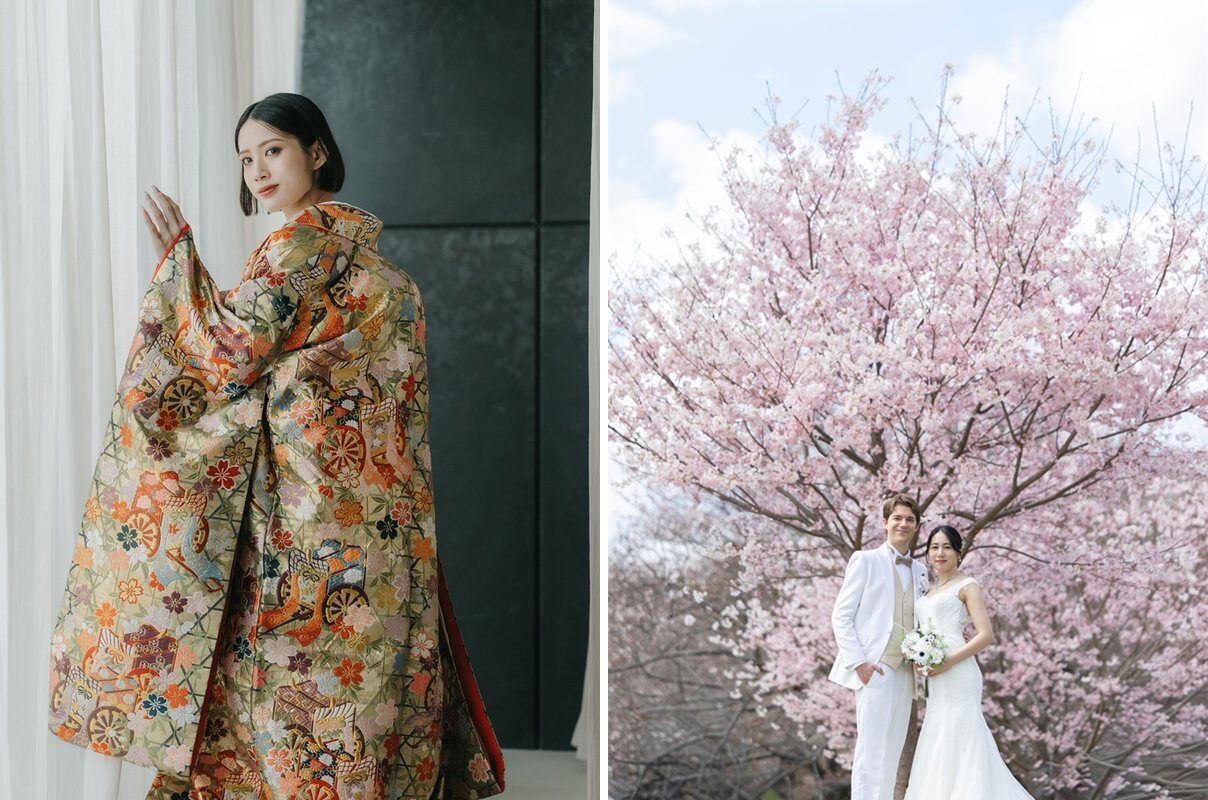 スタジオの窓辺で色打掛の袖を広げる花嫁と、満開の桜の木の前に並ぶ白いタキシードの新郎とウェディングドレスの花嫁。スタジオ和装と桜ロケーション洋装の前撮り