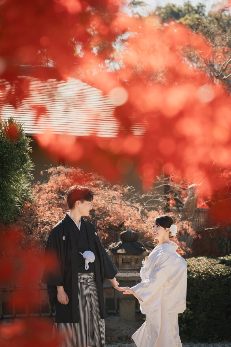 真っ赤なもみじ越しに見つめ合う紋付袴の新郎と白無垢の花嫁。紅葉ロケーションフォト