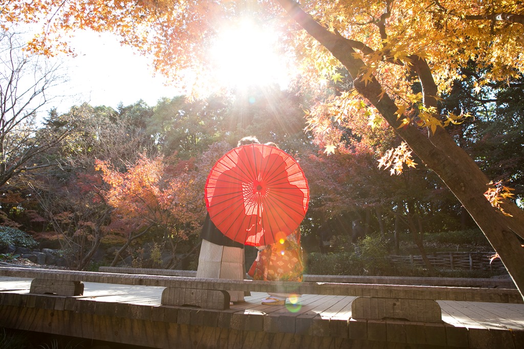 紅葉の木の下の木橋で赤い和傘に隠れて寄り添う和装の新郎新婦。秋の紅葉と撮る和装前撮りフォトウェディング