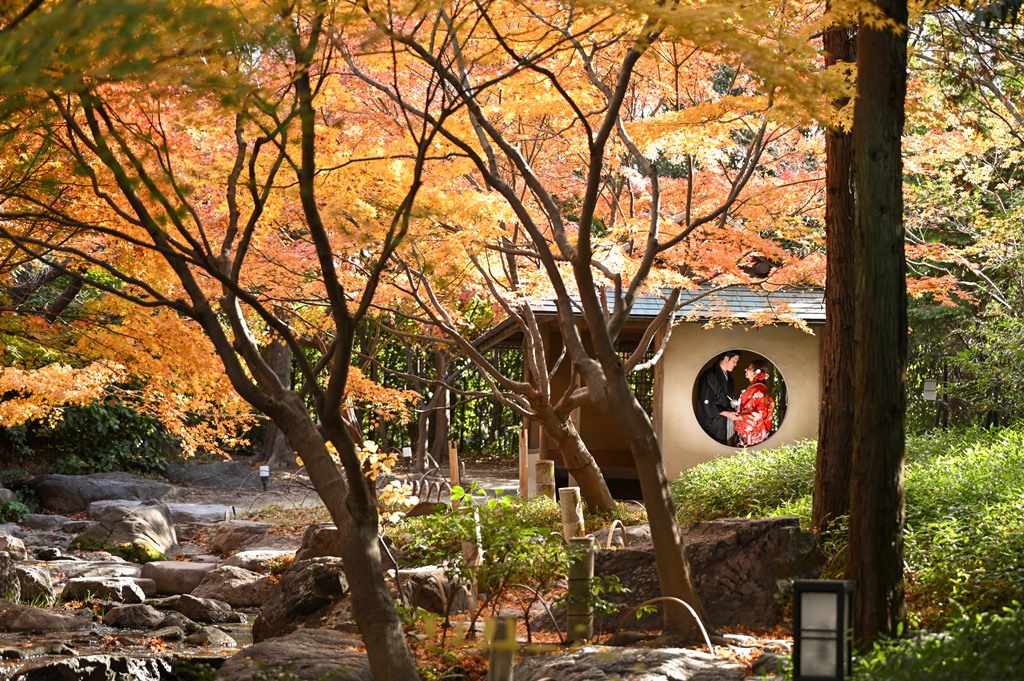 名古屋の白鳥庭園で赤く色づいた紅葉を背景に撮影した和装の新郎新婦。秋の和装前撮りで人気の紅葉フォト