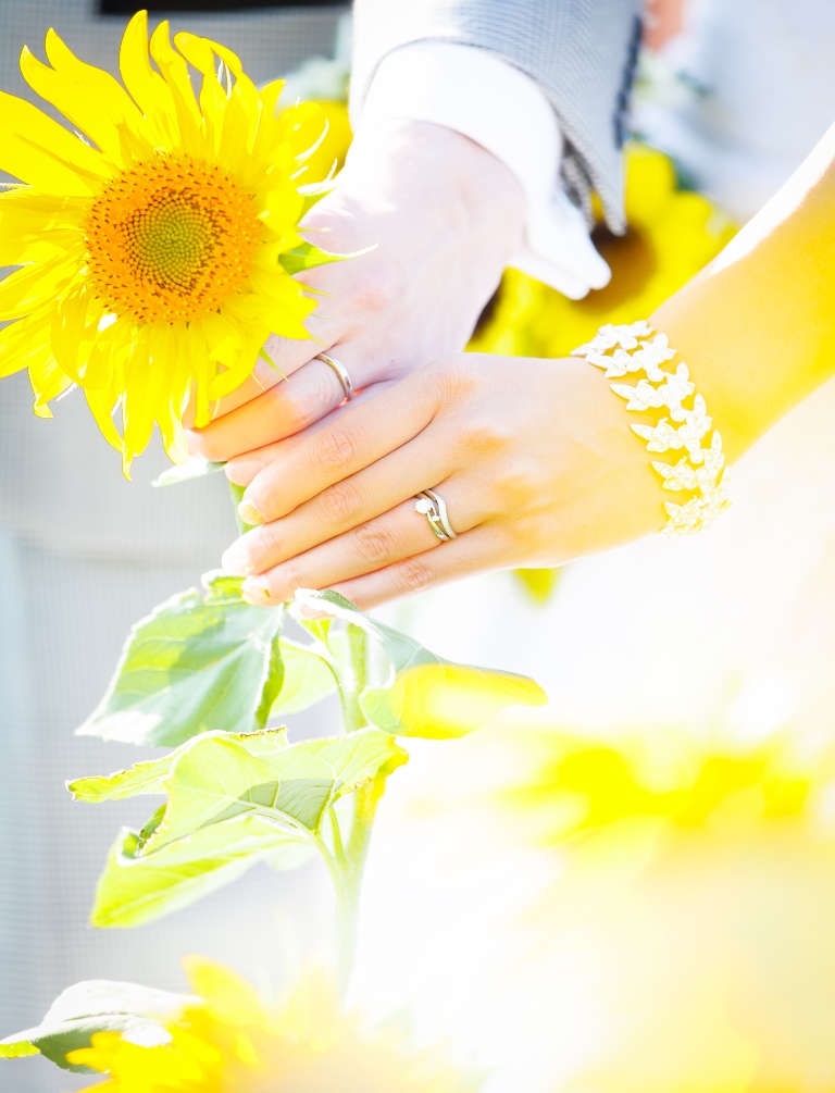 ひまわりを手に重ね合わせる新郎新婦の手元。夏の前撮りで人気のひまわりを使った演出